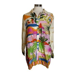 True Destinations Palm Scenic Tunic‎ Colorful Button Up Shirt Womens Mediums New